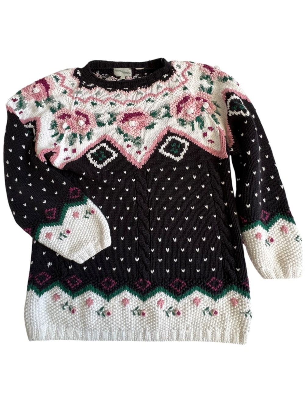 Willow Ridge Sweater 100% Cotton Cottagecore Floral Black White Size L Pullover